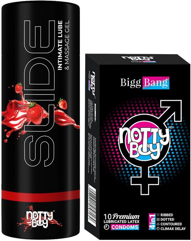 NottyBoy 4in1,Dots, Extra Time Condoms,& Water Based Slide Original Lube & Massage Gel,(2 Items in the set)