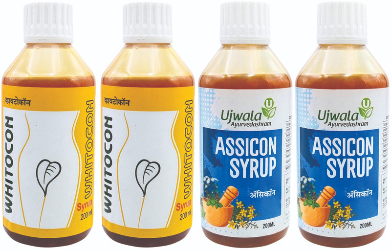 UJWALA AYURVEDASHRAM Whitocon and Assicon Syrup For Leucorrhoea, PCOS, PCOD and Irregular period(4 Items in the set)