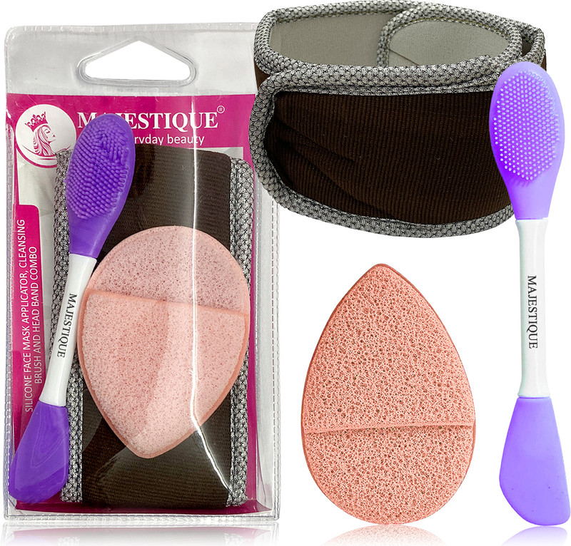 MAJESTIQUE Facial Head Band, Dual Sided Silicone Brush for Face with Makeup Remover Sponge(3 Items in the set)