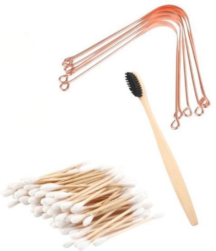 Greeniecan Handmade Bamboo Toothbrush, Wooden Cotton Buds (100 Units), & Tongue Cleaner Pack (4 Items in the set)(1 Items in the set)