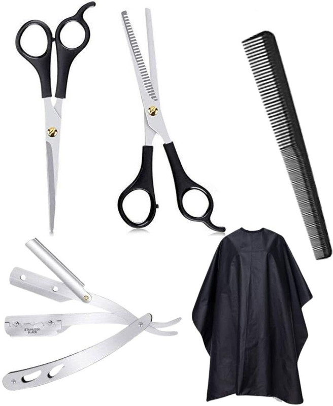 Alvi professional Barber Scissors and Razor and Kanga Scissors(Set of 5, Silver)