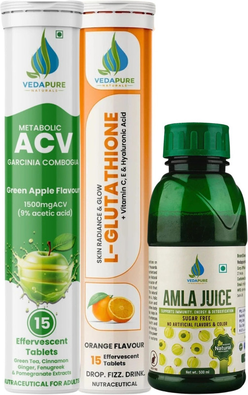 Vedapure ACV Effervescent Tablets + L-Glutathione Effervescent Tablets & Amla Juice Combo Pack(3 Items in the set)