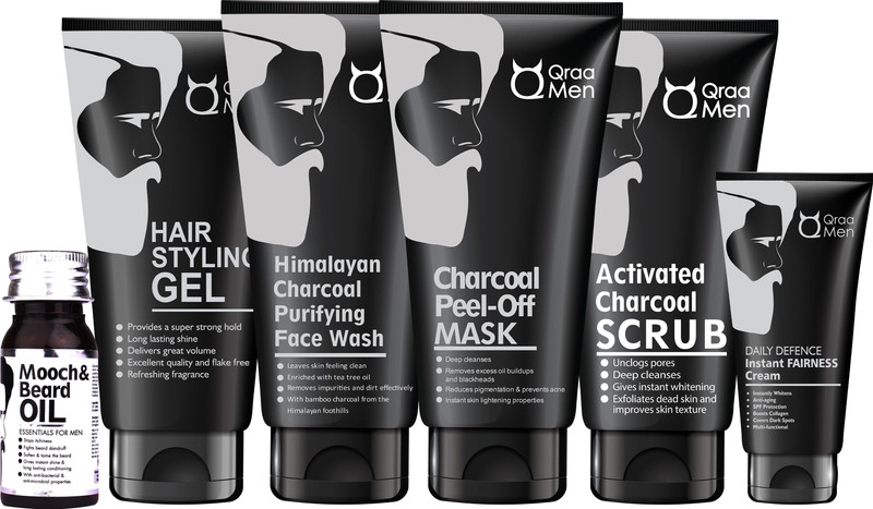 Qraa Men Charcoal Kit-Scrub,Face wash,Peel-off Mask,Hair Styling Gel,Daily Defence Fairness Cream,Mooch Oil | Pack of 6(6 Items in the set)