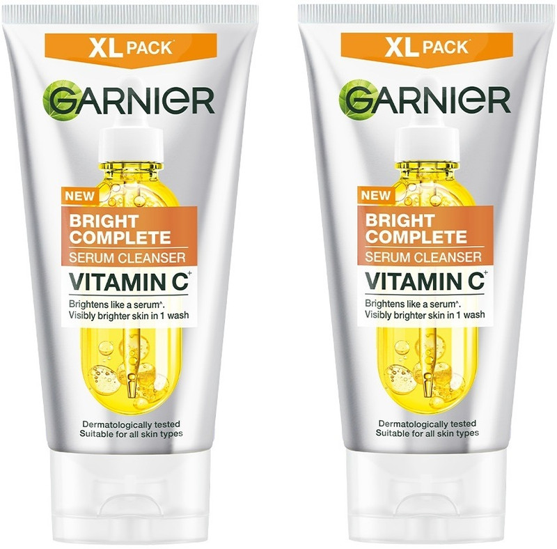 GARNIER Vitamin C + Serum Cleanser for Instant Brightening | For all skin types - 150g - Pack of 2 Face Wash(300 g)