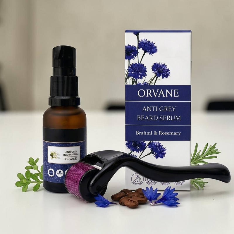Orvane 3-Step Beard Grooming – Anti-Grey Serum with Derma Roller(2 Items in the set)