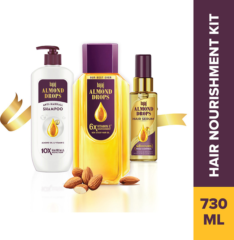 BAJAJ Almond Drops Hair Nourishment Kit - Almond Drops Hair Oil 350ml + Shampoo 340ml + Serum 50ml(3 Items in the set)