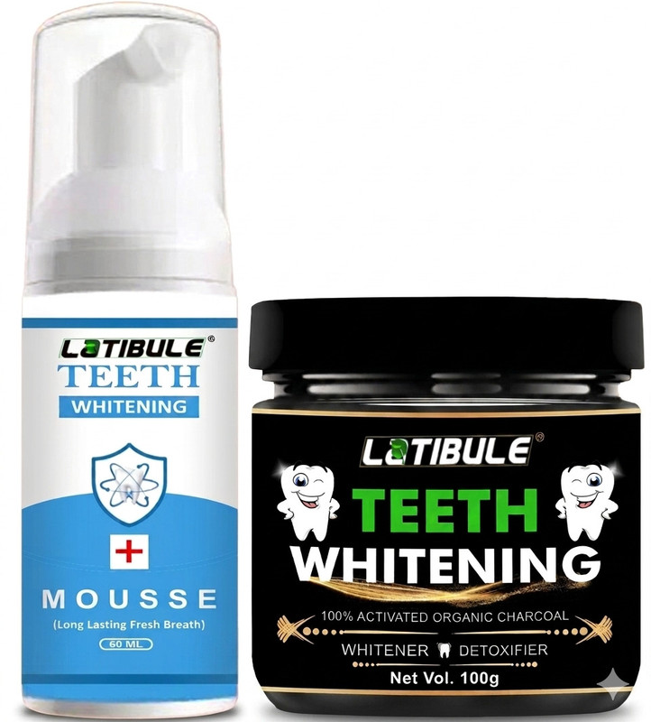 Latibule Teeth Whitening Set – Long Lasting Fresh Breath Mousse Foam & 100% Organic Charcoal Powder Detoxifier Duo(2 Items in the set)