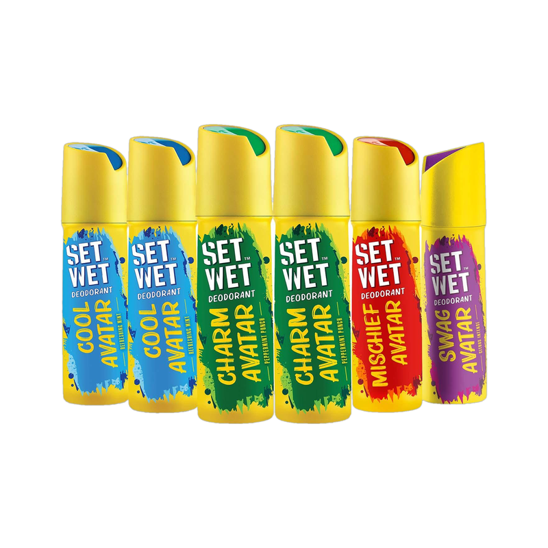 SET WET Cool, Charm, Swag & Mischief Avatar Deodorant & Body Spray Perfume, Pack of 6 Deodorant Spray - For Men(900 ml, Pack of 6)