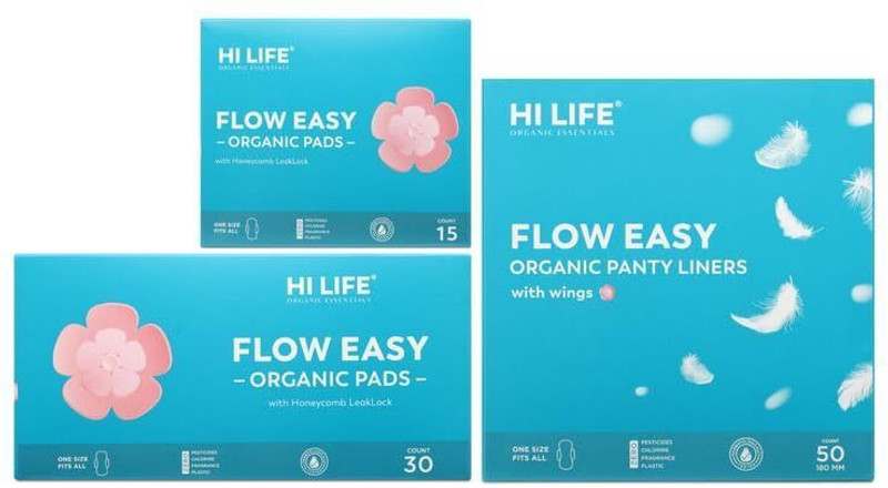 Hi Life 45 FLOW EASY ORGANIC PADS Sanitary Pads+50 Organic Panty Liners With Wings(3 Items in the set)
