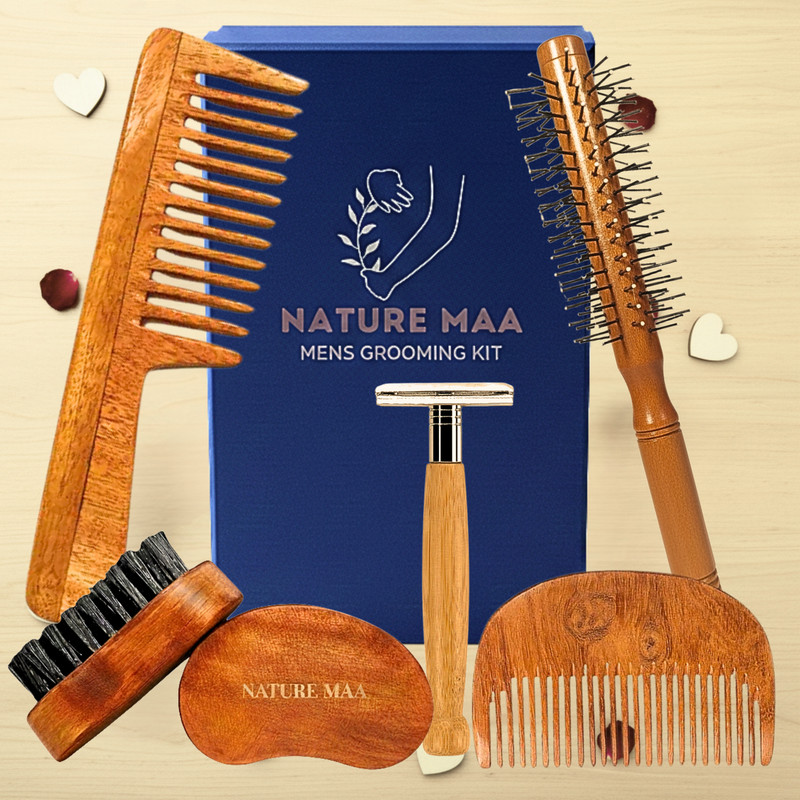 Nature Maa Men Wooden Grooming Kit with Beard Brush, Beard & Hair Comb, Hair Brush & Shaving Razor(5 Items in the set)