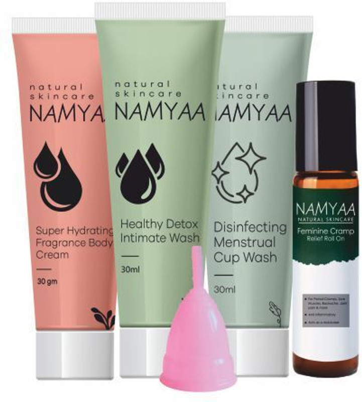Namyaa Travel Period Care Kit |Menstrual Cup Small, Menstrual Cup Wash, Intimate Wash,Period Cramp Roll &Fragrance Body Cream(5 Items in the set)