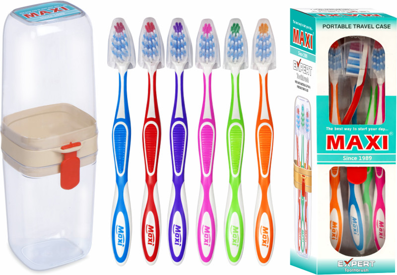 Maxi Expert Soft Bristle Toothbrush with Cap & Storage Container Travel Ready with Protective Caps & Lockable Holder(7 Items in the set)