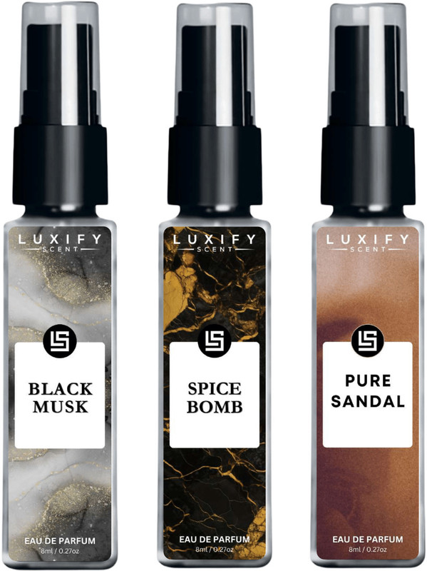 Luxify Scent Trio Set: Black Musk, Spice Bomb, Pure Sandal | Long-Lasting | Luxury Gift Pack(3 Items in the set)