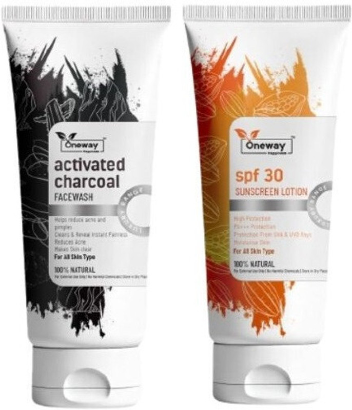 Oneway Happiness Combo New Activated Charcoal Face wash for glowing skin & SPF 30 Sunscreen Lotion with Vitamin C & E(2 Items in the set)