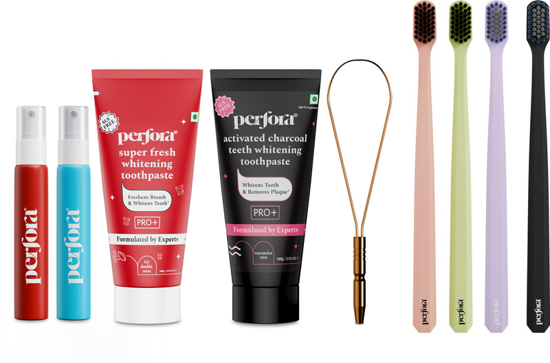 Perfora Family Pack - 2 Toothpastes, 2 Mouth Sprays, Tongue Cleaner, 4 Toothbrushes(9 Items in the set)