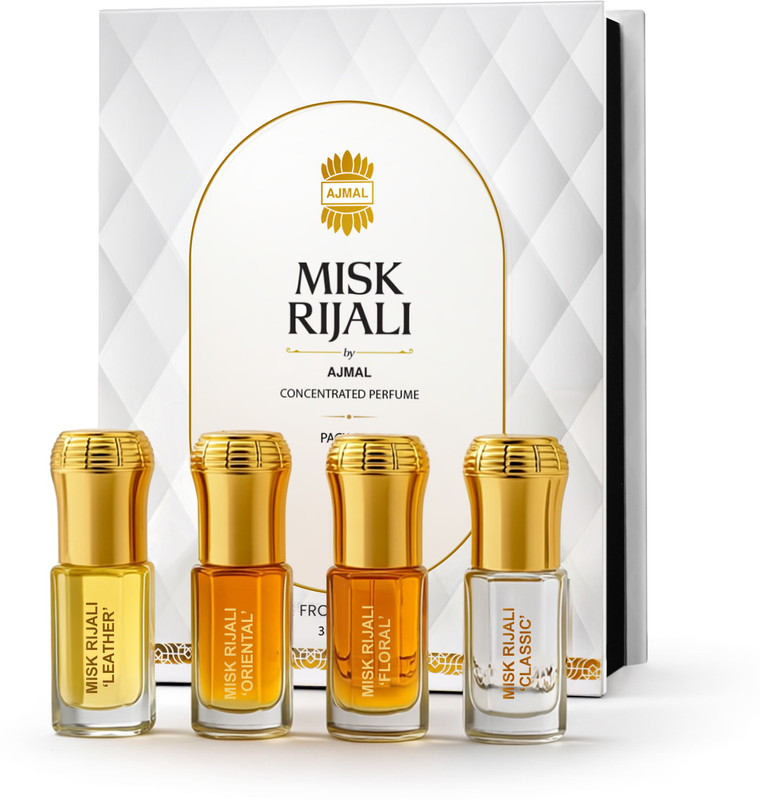 Ajmal Misk Rijali Non-Alcholic Attar Perfume Gift Set Men & Women Pack of 4, 3ml each Floral Attar (Woody, Musk, Citrus)(4 Items in the set)