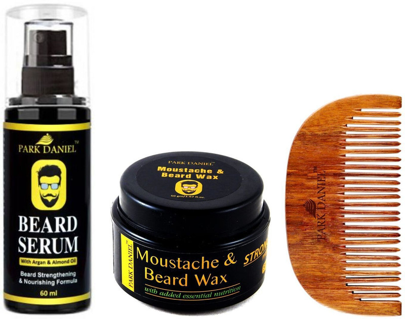PARK DANIEL Combo Pack of Beard Growth Serum 60ml,Moustache & Beard Wax 50gm & Handcrafted Wooden Beard Comb(3 Items in the set)