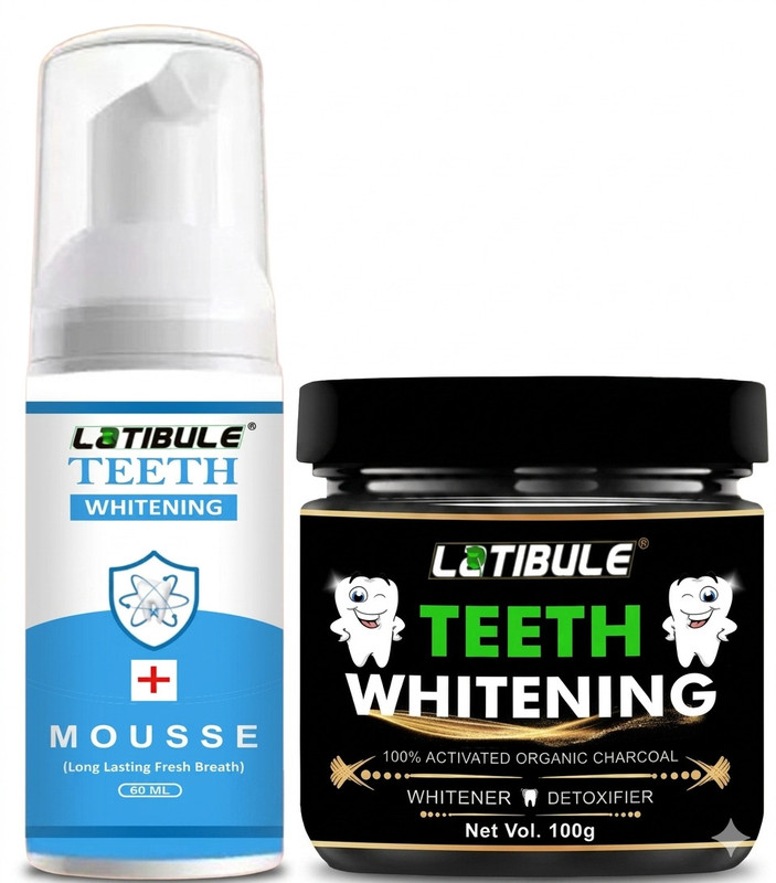 Latibule Professional Whitening Duo – 60ml Fresh Mint Mousse and 100g Organic Charcoal Teeth Whitener & Detoxifier(2 Items in the set)