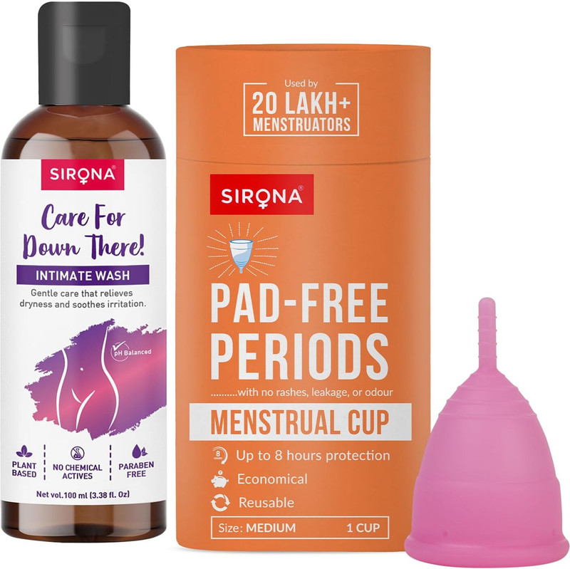 SIRONA Reusable Menstrual Cup, Medium (1 Pcs) with Refreshing Intimate Wash (100 ml)(1 Items in the set)