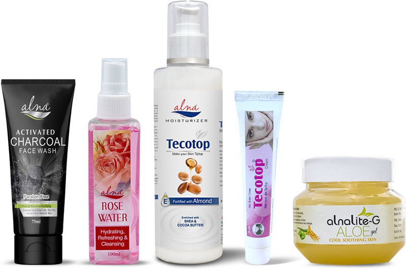 Alna Care Charcoal Activated Face wash + Rose water + Tecotop Moisturizer + Tecotop scar Cream + Alnalite-T Aloe Vera Face Gel(5 Items in the set)