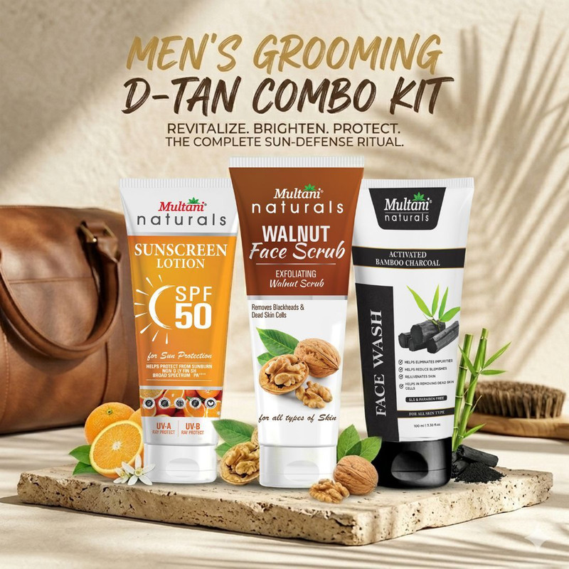 Multani Men's Grooming D-Tan Combo Kit (Sunscreen, Scrub & Face Wash) | Revitalize, Brighten & Protect Skin -(3 Items in the set)