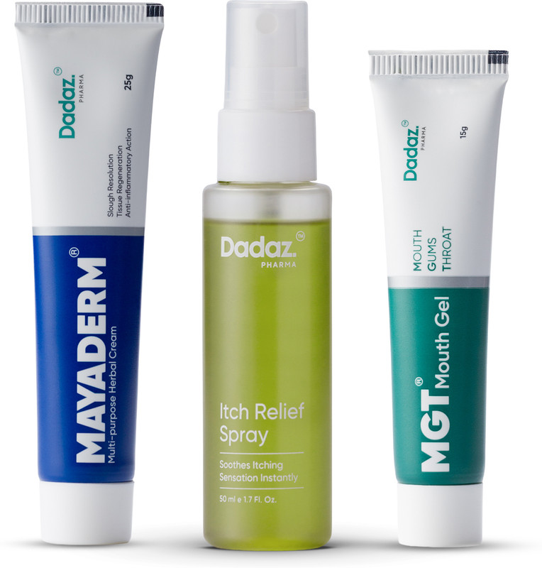 Dadaz Pharma Home Kit Combo MGT Mouth Gel, Mayaderm Herbal Cream & Itch Relief Spray for Mouth Ulcers, Rashes, Itching & Gum Care(3 Items in the set)