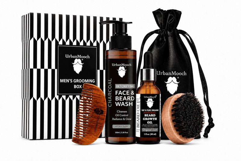 UrbanMooch 4 in 1 Beard Care Kit | Beard Oil, Charcoal Face & Beard Wash, Beard Brush & Wooden Beard Comb for Men | Daily Care of Beard(4 Items in the set)