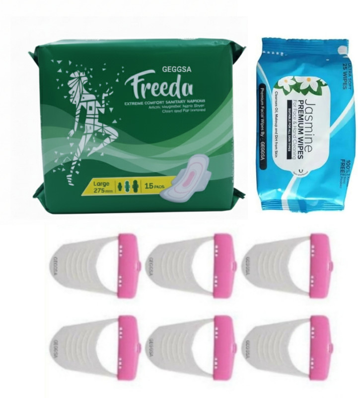 Geggsa Sanitary Pads Napkins Large Size (15pads) with Wet Wipes (25 Sheets) and 6 Full Body Shaving Razor(3 Items in the set)