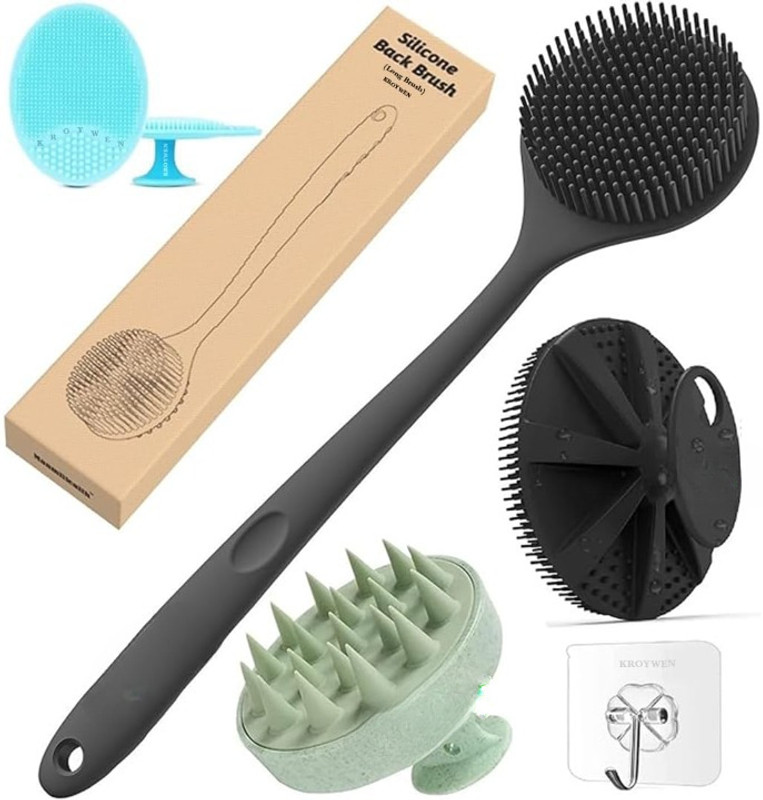 Primewell Silicon Shower Bath Back Brush+Body Scrubber+Scalp Massager+Face Scrubber+Hooks