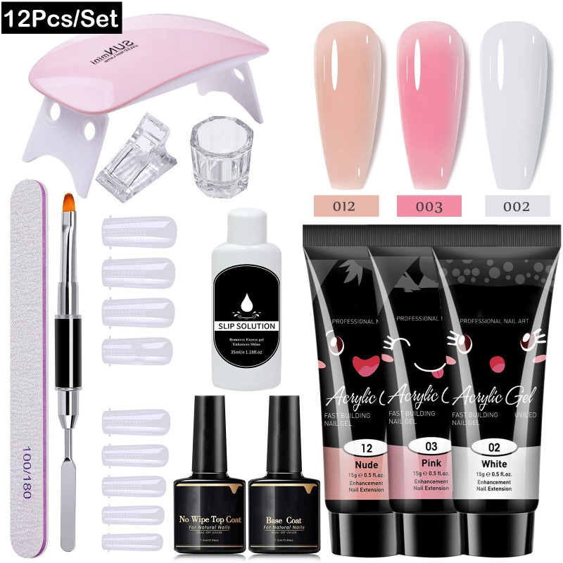 BOZLIN Poly Nail Gel Extension Kit for Builder Gel UV Nail Art Kit Nail Extension Set (Nude, Pink, White)(12 Items in the set)