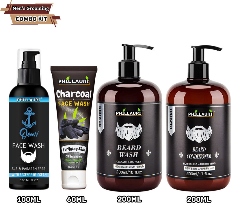 Phillauri Men's Grooming Combo Kit || Charcoal Face wash || Beard Wash || Beard Conditioner(4 Items in the set)