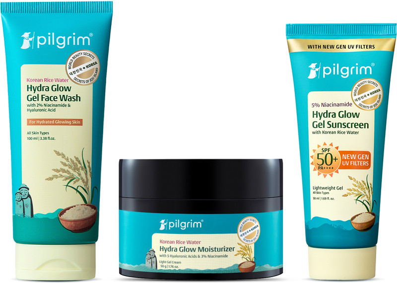 Pilgrim Korean Rice Water Facewash, Hydra Glow Moisturizer & Gel Sunscreen Combo(3 Items in the set)
