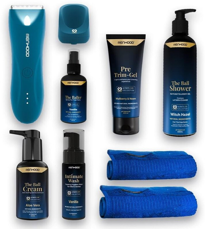 MENHOOD Down There Package1.0 Pro BLue with Trimmer,Ball Shower,Ball Cream.(Vanilla)(9 Items in the set)