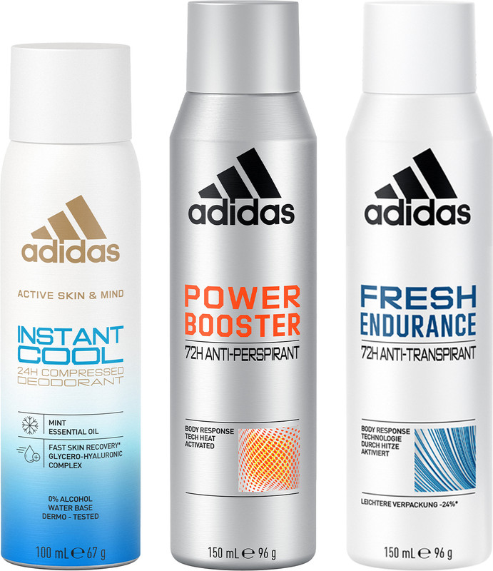 ADIDAS Instant Cool 100ml + PowerBooster 150ml Men + Fresh Endurance Women 150ml Deodorant Set(3 Items in the set)