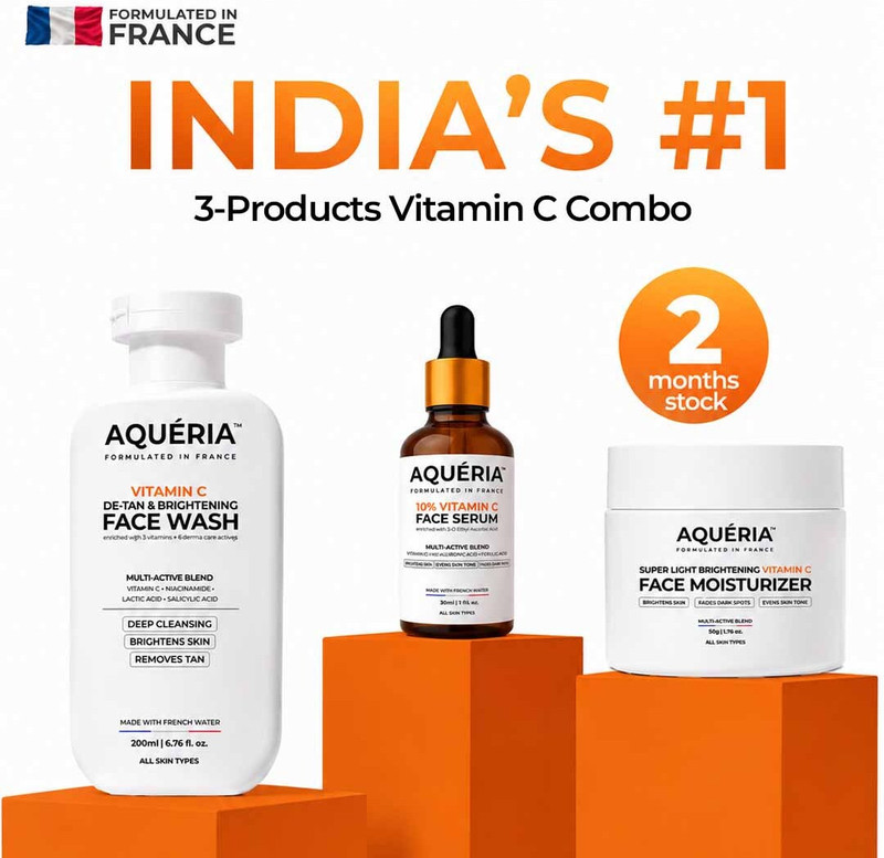 Aqueria Complete Vitamin C Skincare Combo Face Wash 200ml Serum 50ml Moisturizer 100g(3 Items in the set)