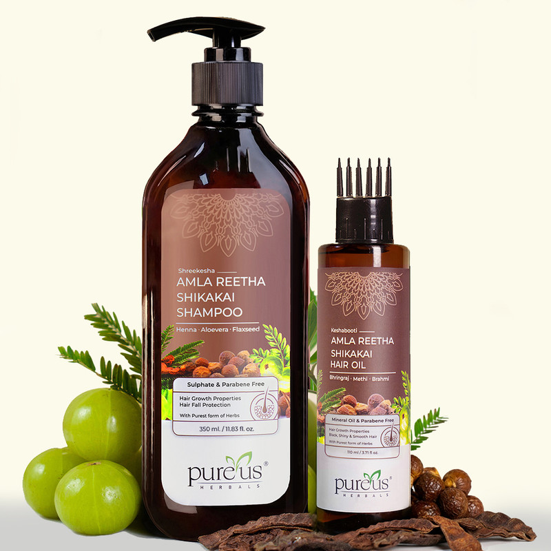 Pureus Herbals Amla Reetha Shikakai Shampoo & Hair Oil Combo – Ayurvedic Hair Fall Control & Hair Growth Solution(2 Items in the set)