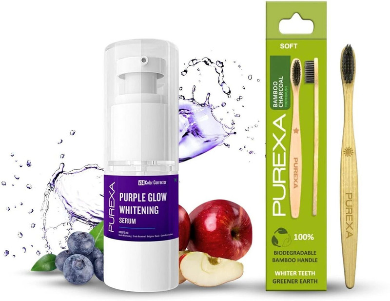 PUREXA Teeth Whitening Serum with Bamboo Charcoal Toothbrush Combo | Removes Stains, Brightens Teeth, Natural Oral Care for Men & Women(2 Items in the set)