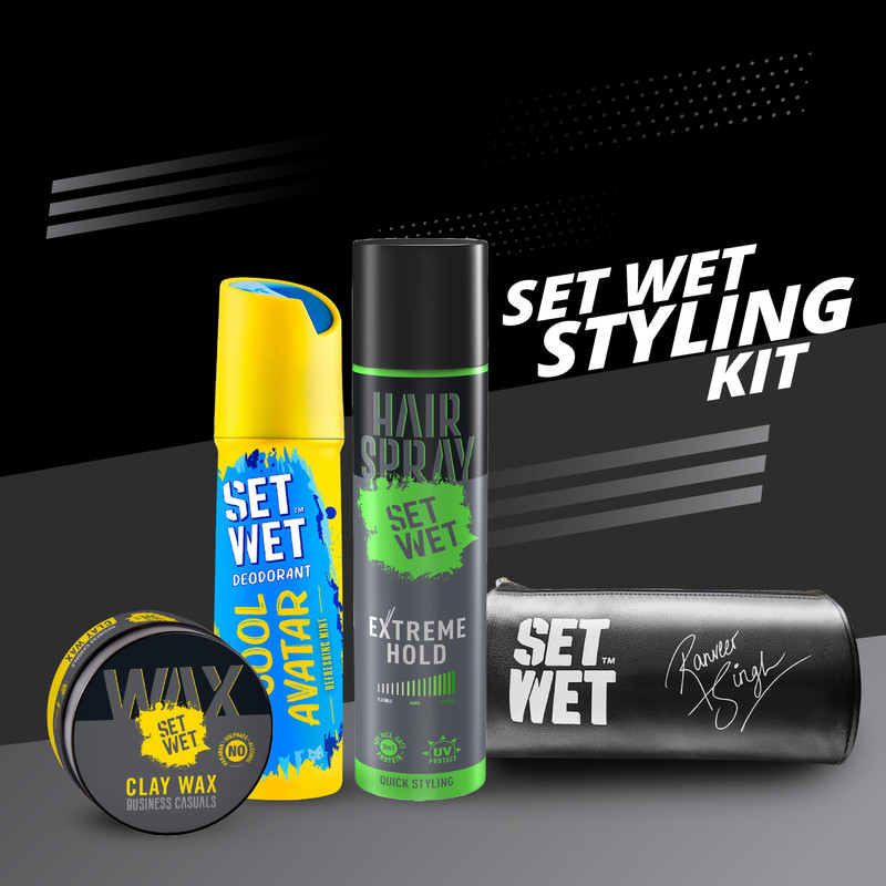 SET WET Men's Styling Kit-Deodorant(150ml),Clay Hair Wax(60g),Hair Spray(200ml) & Pouch Deodorant Spray  -  For Men(410 ml, Pack of 4)