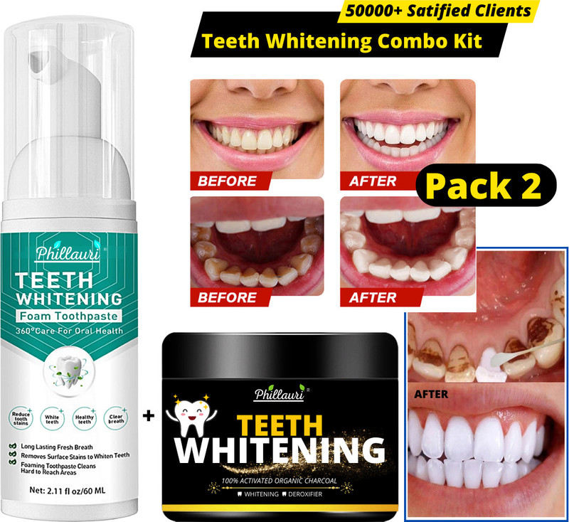 Phillauri Teeth whitening Foam & Charcoal Powder Combo kit Ultra-fine Deeply Clean Gums Intensive Stain Removal (2 Items in the set)