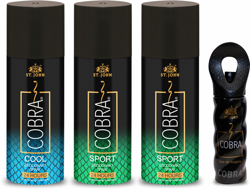 ST.JOHN Cobra Deo Cool (150 Ml Pack of 3) Deodorant Body Spray and Cobra Perfume 15ml(4 Items in the set)