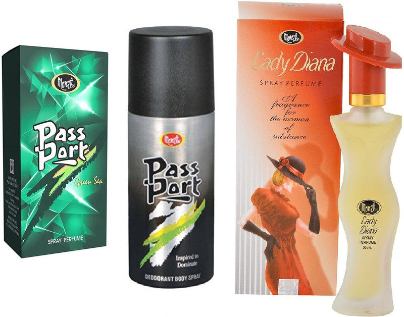 MONET 1 PASS PORT GREEN PERFUME 15ML , 1 PASS PORT BLACK DEODORANT 150ML , 1 LADY PERFUME 30 ML PACK OF 3(3 Items in the set)