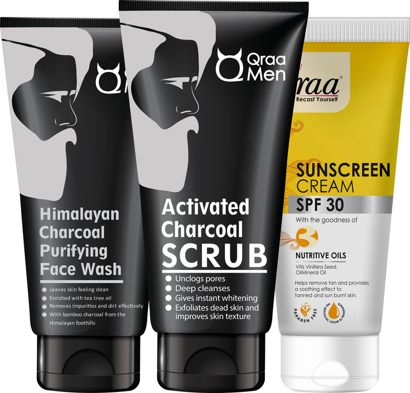 Qraa Charcoal Travel Kit for Men | Scrub, Face wash & Sunscreen SPF 30 | 150g(3 Items in the set)