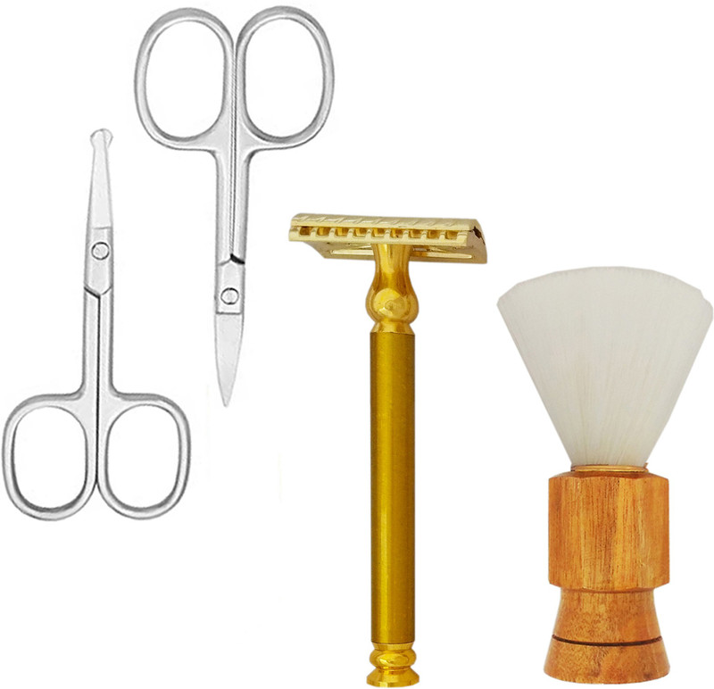 MGP FASHION Hard Wood Handle Synthetic Travel Shave Brush Safety Razor/ shaver/ shaving Brush Straight Razor Rubber Drip Bowl Fitkari alum(4 Items in the set)