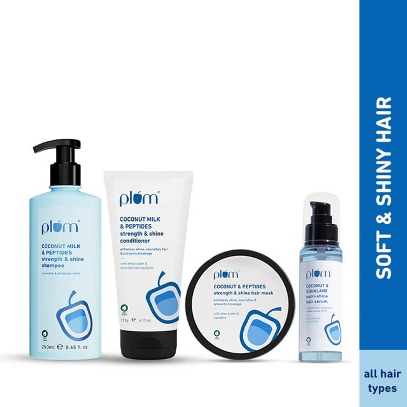 Plum Coconut & Peptides Strength & Shine Combo | Shampoo, Conditioner, Hair Mask | | Enhances Shine, Strengthens Strands(4 Items in the set)