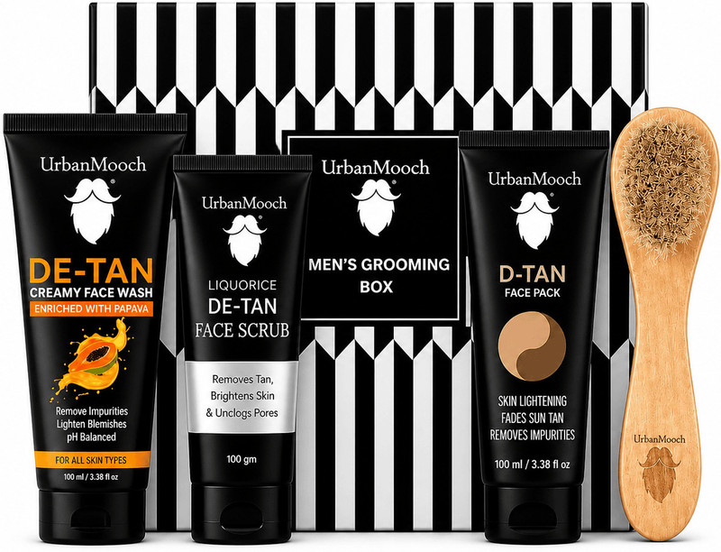 UrbanMooch Detan Facial Kit for Men - DeTan Facewash, Face Scrub, Face Pack & Face Cleansing Brush(4 Items in the set)