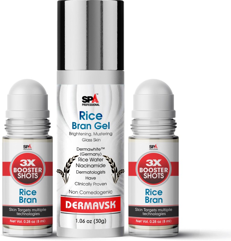 SPA Professionals Rice Bran Essence Gel & Skin Booster Shots for Glass Skin & Brightening, Moisturizes - with Dermawhite™ Wf, Saxifraga Sarmentosa(3 Items in the set)