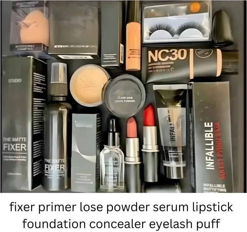 Mixonshun Makeup Combo 10 pcs Fixer, Primer, Loosepowder, 2Lipsticks, Serum, Foundation, Eyelash Etc(10 Items in the set)
