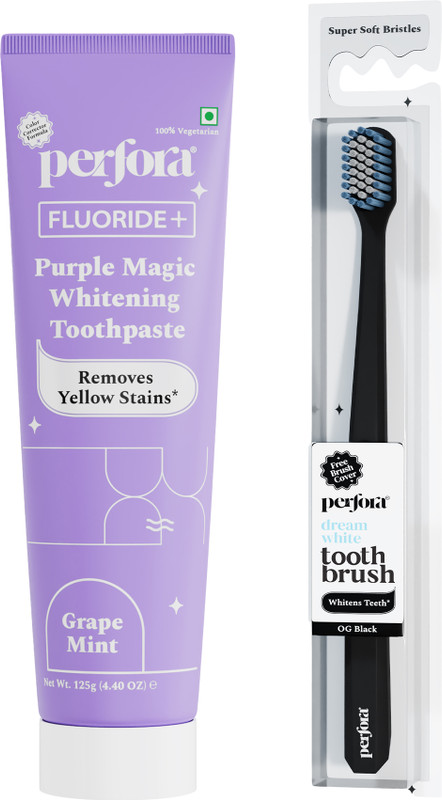 Perfora Purple Teeth Whitening Mini Oral Care Combo, Purple Toothpaste & OG Black Toothbrush(2 Items in the set)