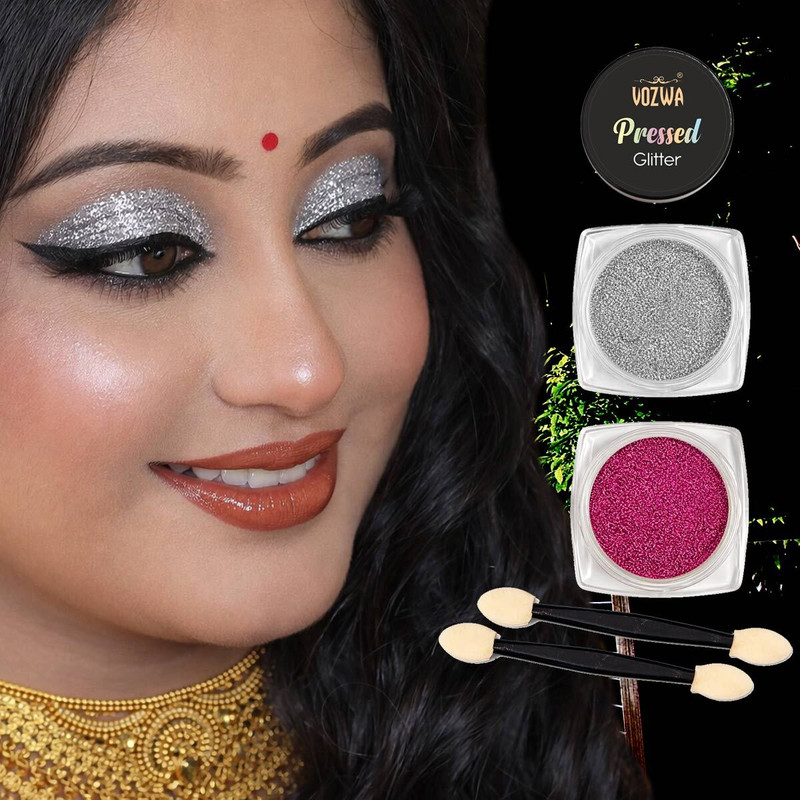 VOZWA Eyeshadow Pressed Glitter Silver and Pink No Glue required(2 Items in the set)