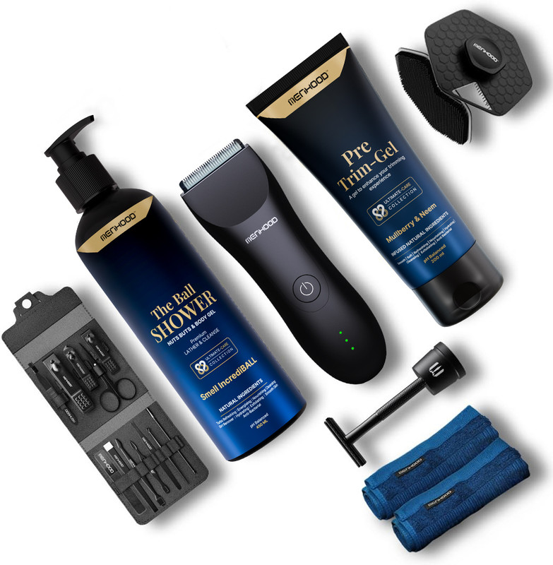 MENHOOD Essential Package 1.0 - Waterproof Trimmer 1.0, The Baller - Deo for Balls (Vanilla), The Walker - Foot Spray(3 Items in the set)